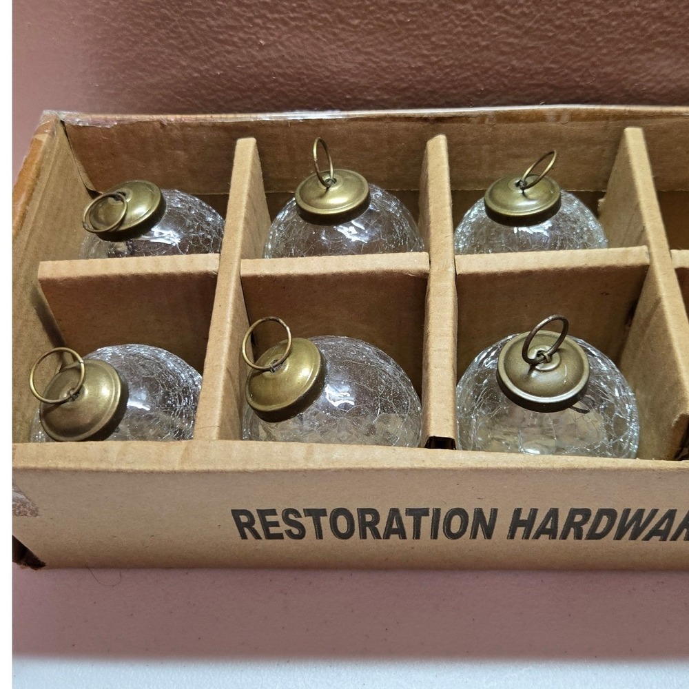 Restoration Hardware Crackle Glass Ornaments Set of 6 Clear Brass Vintage Style - Picture 5 of 5